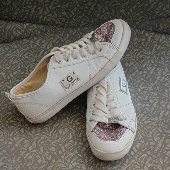 GUESS Women's White Sneakers with Glittering Pink Toes - Picture 2 of 2